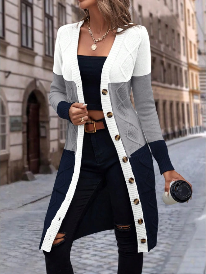 ROSE Color Block Dual Pocket Button Front Cardigan