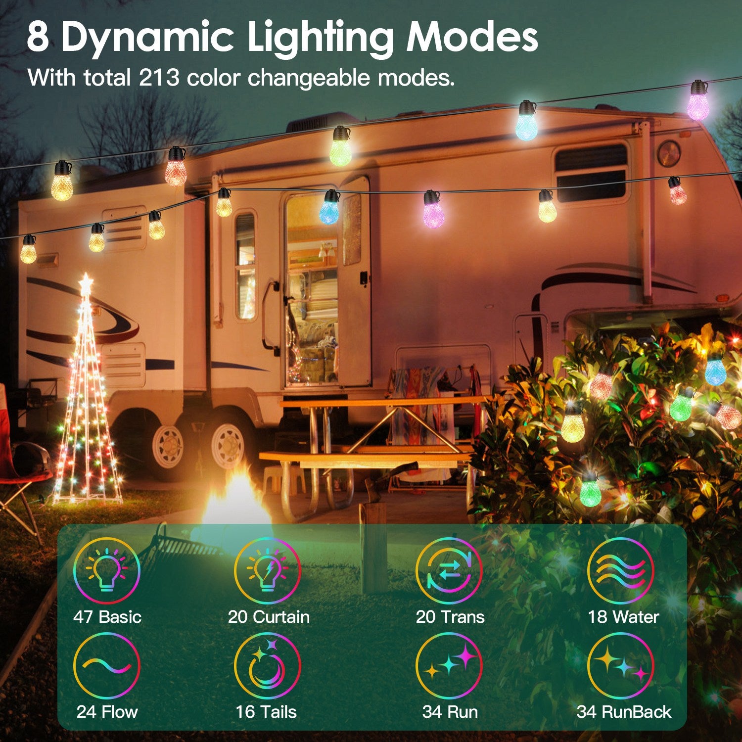 52.5FT Colorful Outdoor String Lights Smart RGB LED