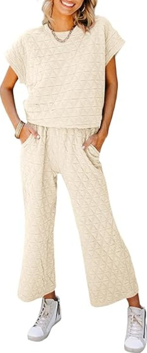 Fazortev Women's 2 Piece Outfits Quilted Lightweight Short Sleeve Tops And Cropped Pants Lounge Set