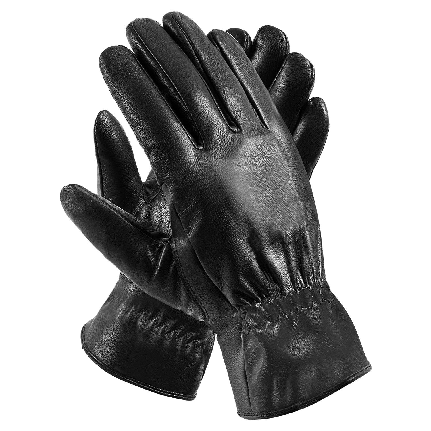 1Pair Unisex Black Leather Gloves Winter Warm