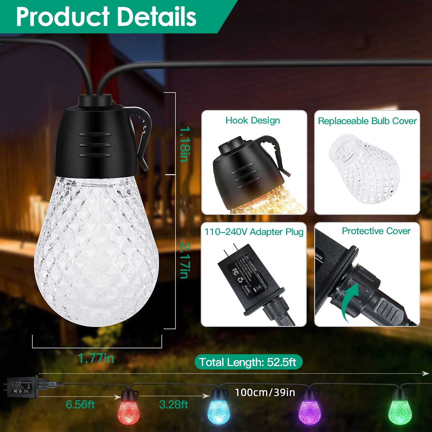 52.5FT Colorful Outdoor String Lights Smart RGB LED