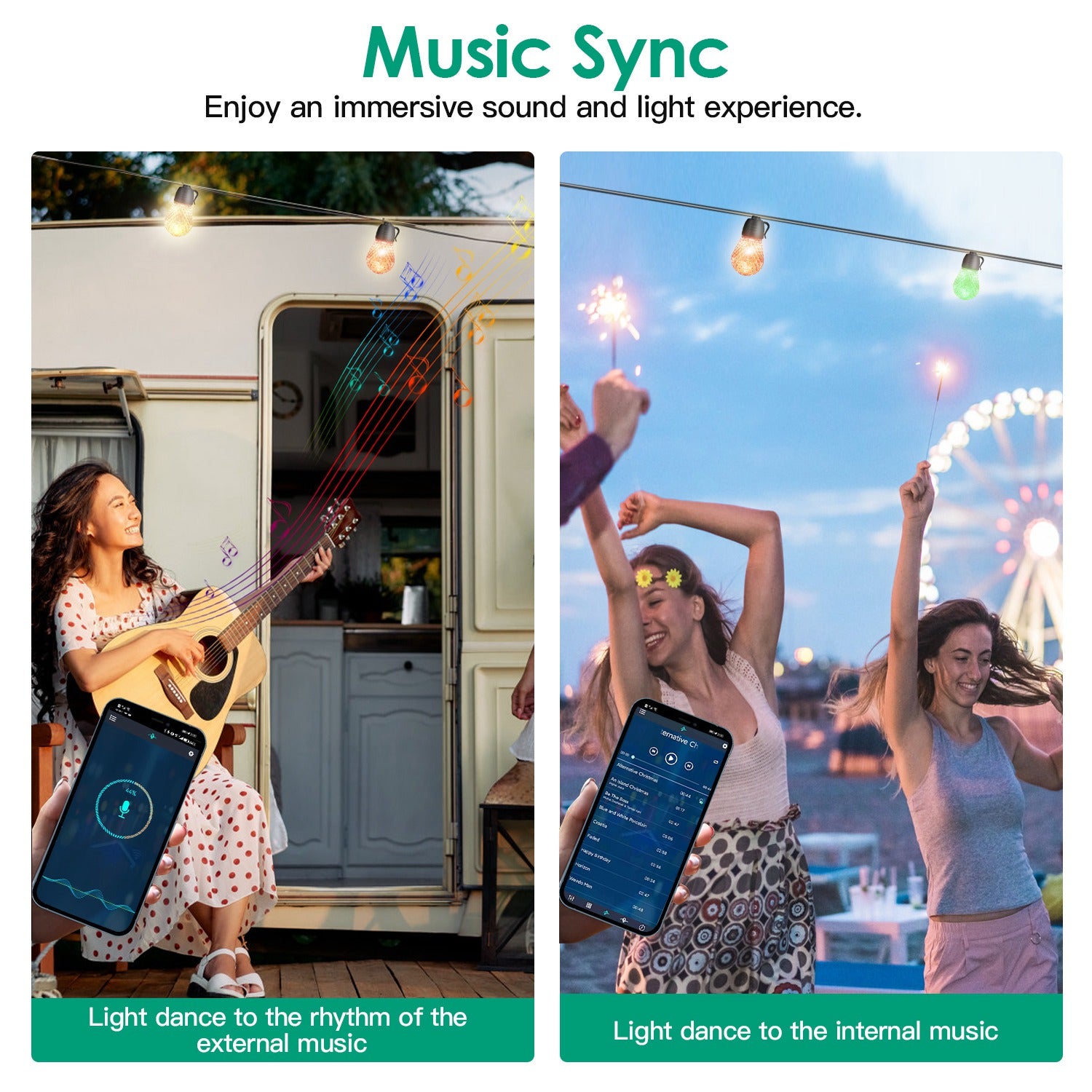 52.5FT Colorful Outdoor String Lights Smart RGB LED