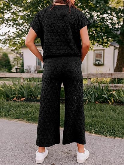 Fazortev Women's 2 Piece Outfits Quilted Lightweight Short Sleeve Tops And Cropped Pants Lounge Set