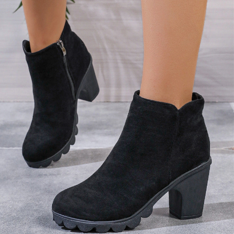 Chunky Heel Round Toe Side Zipper Ankle Boots
