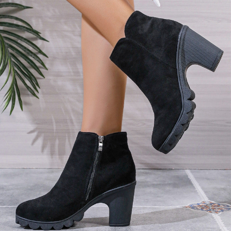 Chunky Heel Round Toe Side Zipper Ankle Boots