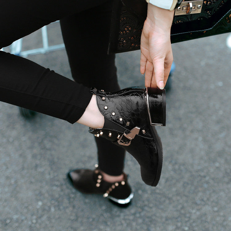 Studded Pointed Toe Ankle Boots Chunky Mid Heel