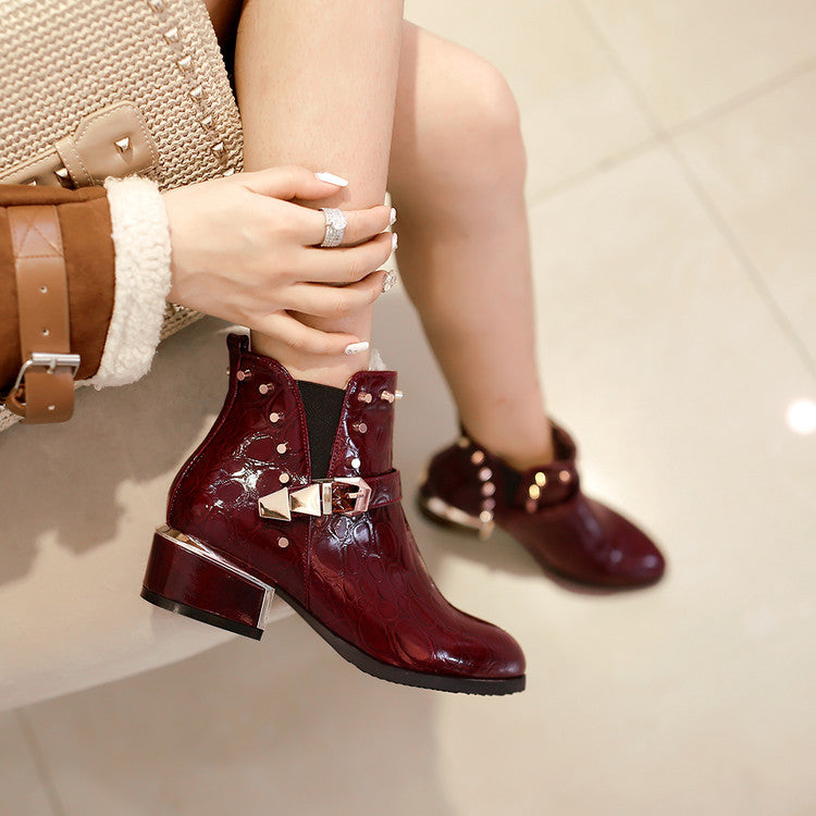 Studded Pointed Toe Ankle Boots Chunky Mid Heel