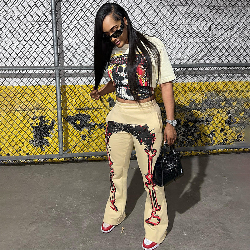 Fashion Positioning Printing Pocket Wide Leg Casual Trousers Women