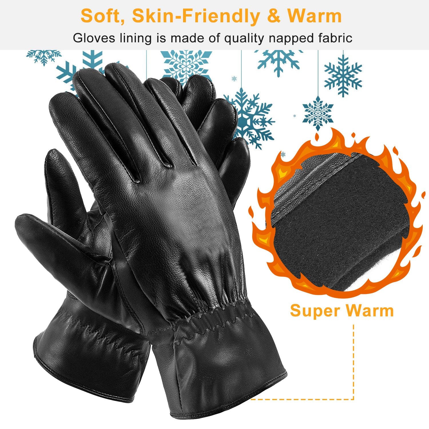 1Pair Unisex Black Leather Gloves Winter Warm