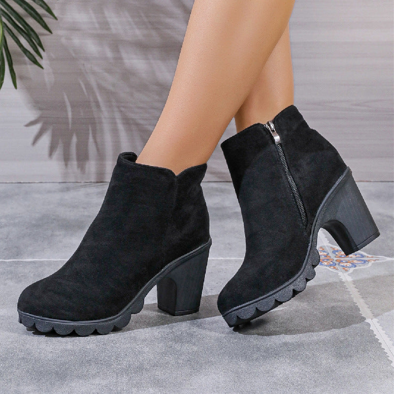 Chunky Heel Round Toe Side Zipper Ankle Boots