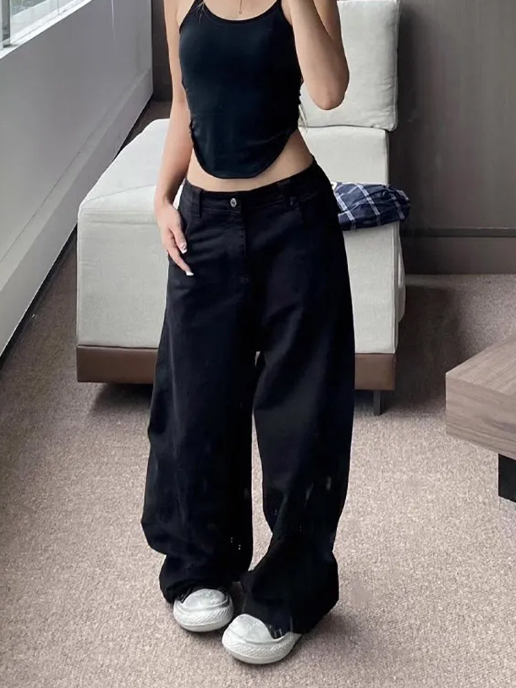 Black Machete Jeans Women's Retro High Waist Straight Mopping Pants