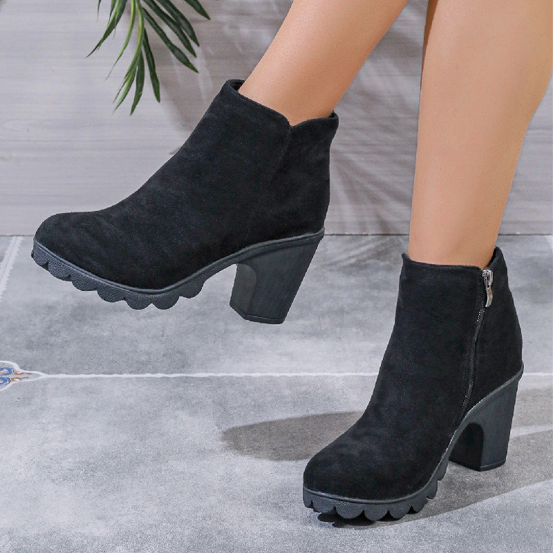 Chunky Heel Round Toe Side Zipper Ankle Boots