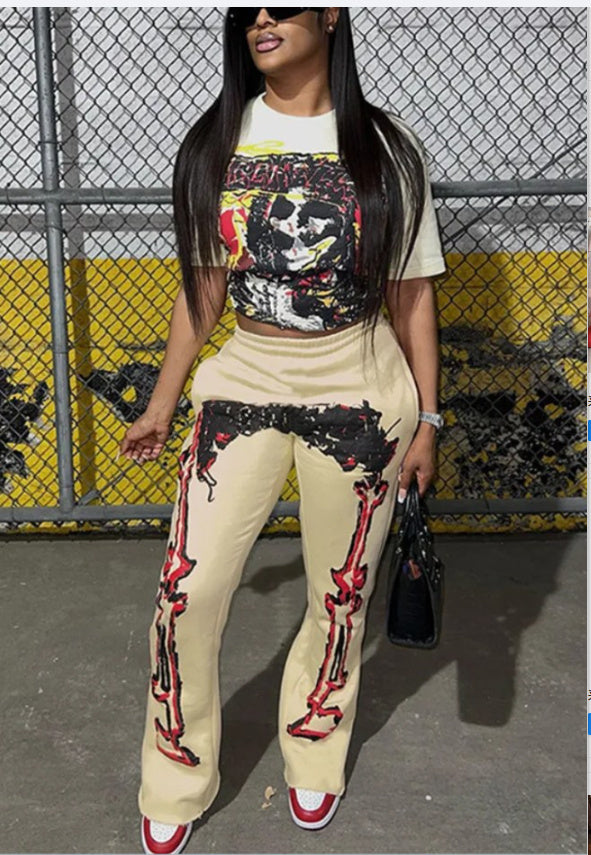 Fashion Positioning Printing Pocket Wide Leg Casual Trousers Women