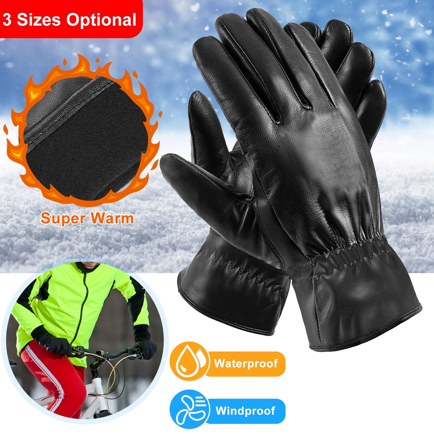 1Pair Unisex Black Leather Gloves Winter Warm