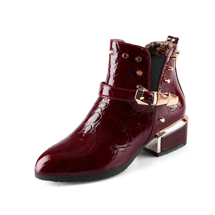 Studded Pointed Toe Ankle Boots Chunky Mid Heel