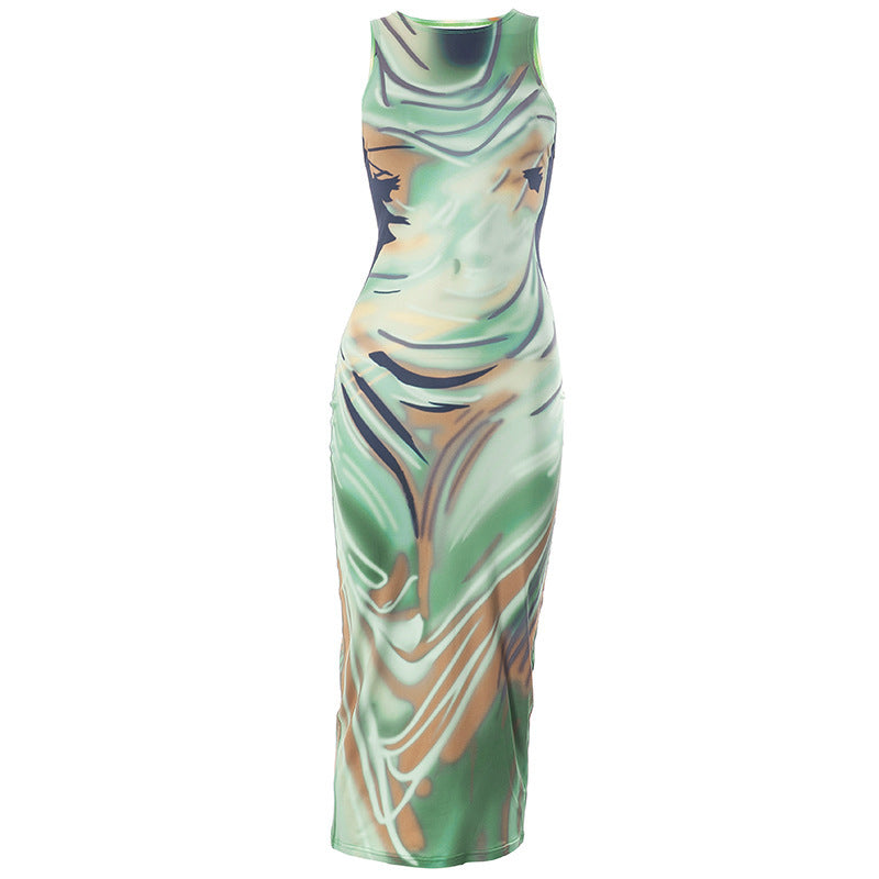 Women's Summer Crew Neck Casual Sleeveless Painted Printing Slip Dress