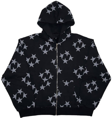 Stars Printed Zipper Hooded Cardigan