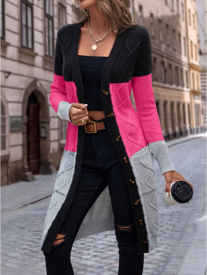 ROSE Color Block Dual Pocket Button Front Cardigan