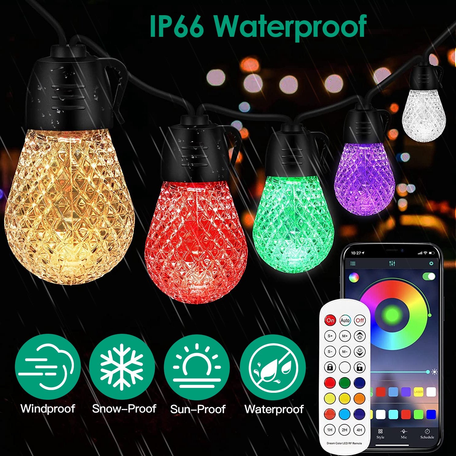 52.5FT Colorful Outdoor String Lights Smart RGB LED