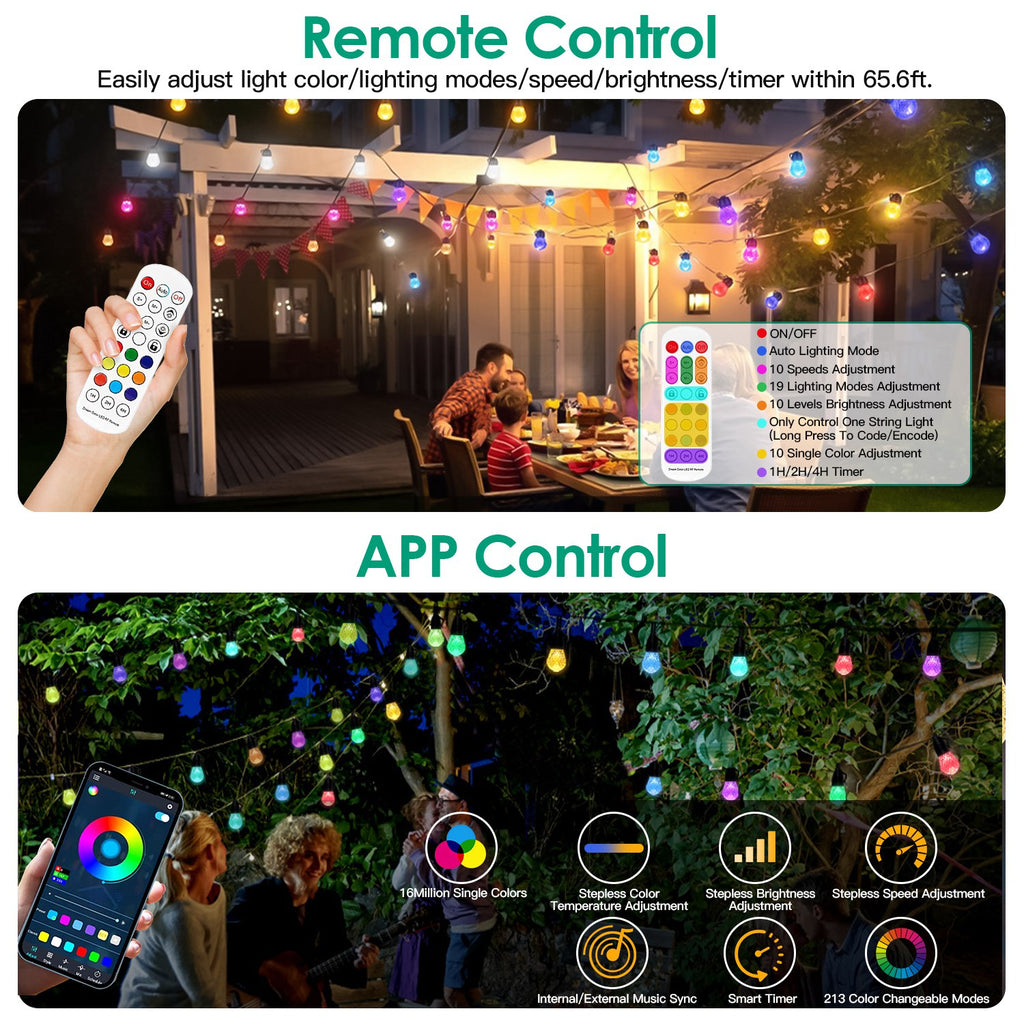 52.5FT Colorful Outdoor String Lights Smart RGB LED
