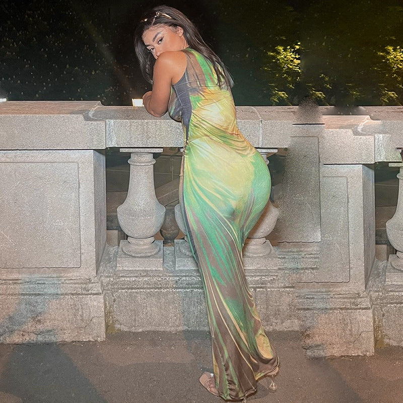 Women's Summer Crew Neck Casual Sleeveless Painted Printing Slip Dress