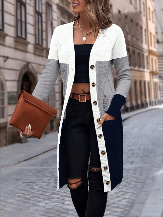 ROSE Color Block Dual Pocket Button Front Cardigan