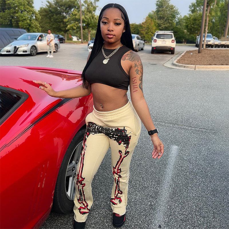 Fashion Positioning Printing Pocket Wide Leg Casual Trousers Women