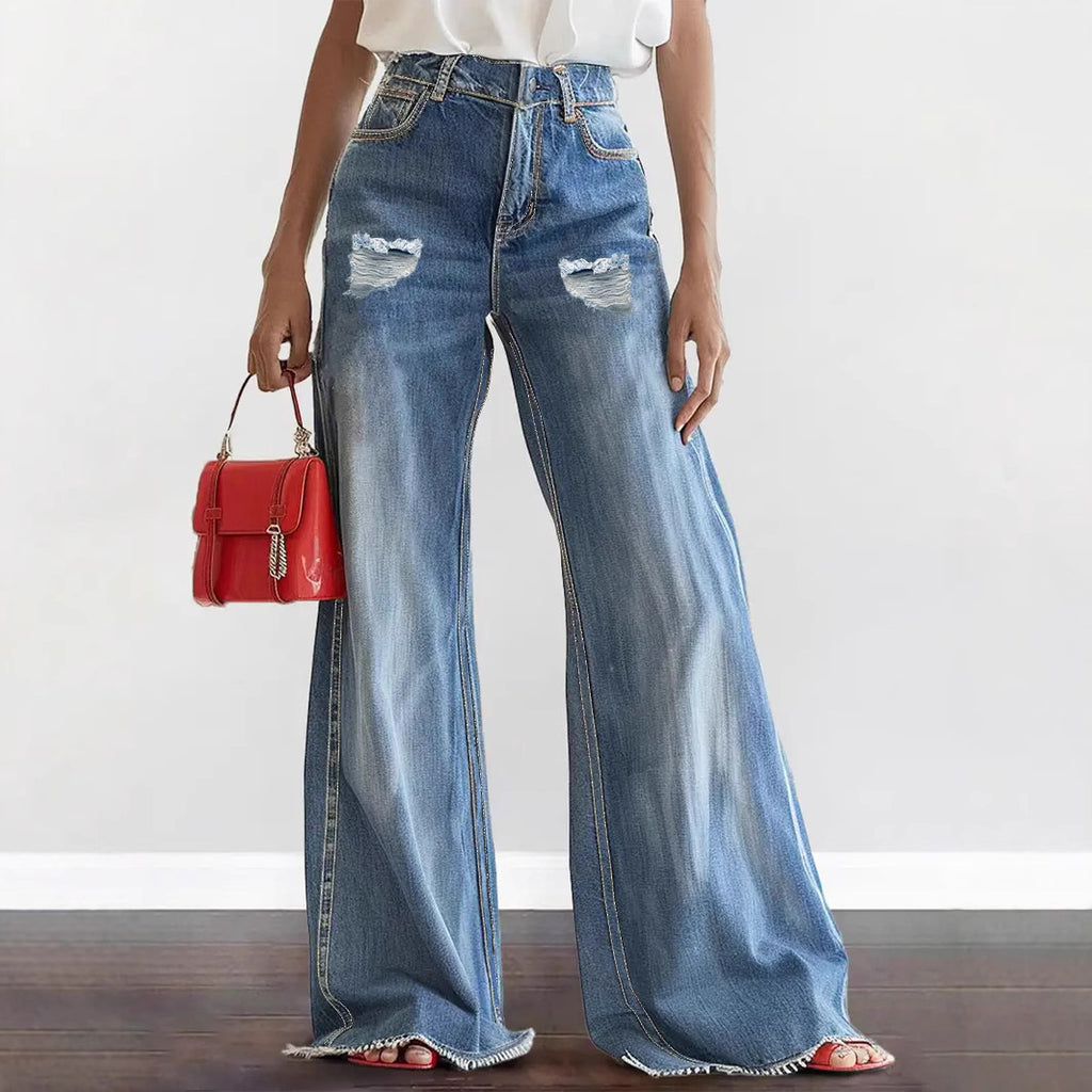 Raw Hem Ripped Loose Wide-leg Flared Jeans