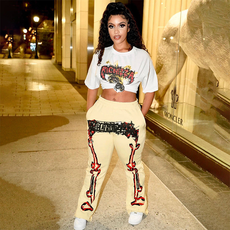 Fashion Positioning Printing Pocket Wide Leg Casual Trousers Women